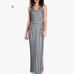 Adrianna Papell Gray Black Sheath Dress V-Neck Sleeveless